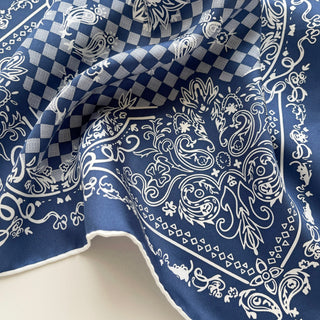 French Blue Baroque Check Silk Scarf - 53cm Hand-rolled Unisex Bandana