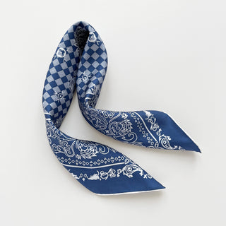 French Blue Baroque Check Silk Scarf - 53cm Hand-rolled Unisex Bandana