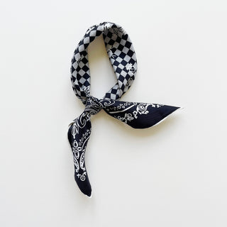 French Blue Baroque Check Silk Scarf - 53cm Hand-rolled Unisex Bandana