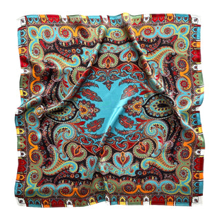 Turquoise Orange Boho Chic Silk Scarf - 65cm Unisex Bandana Scarf