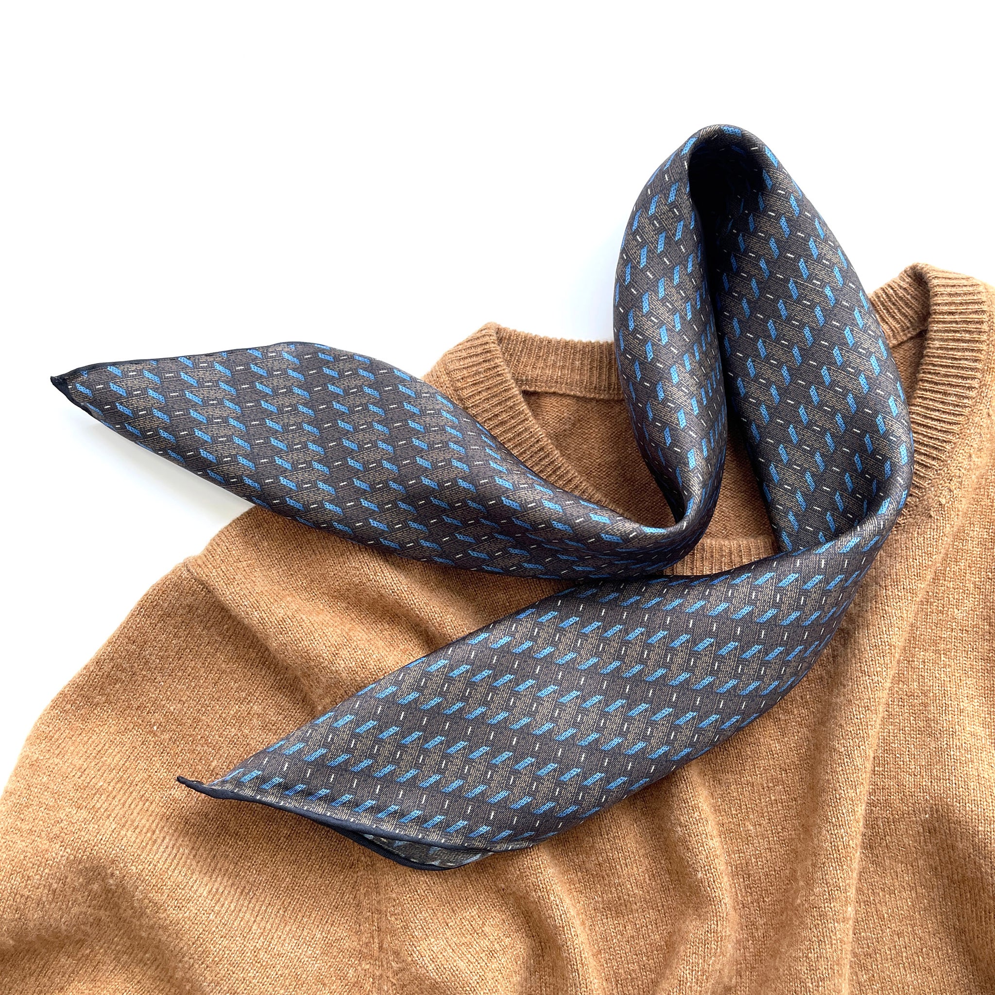 a dark grey and light blue silk neckerchief/ bandana scarf