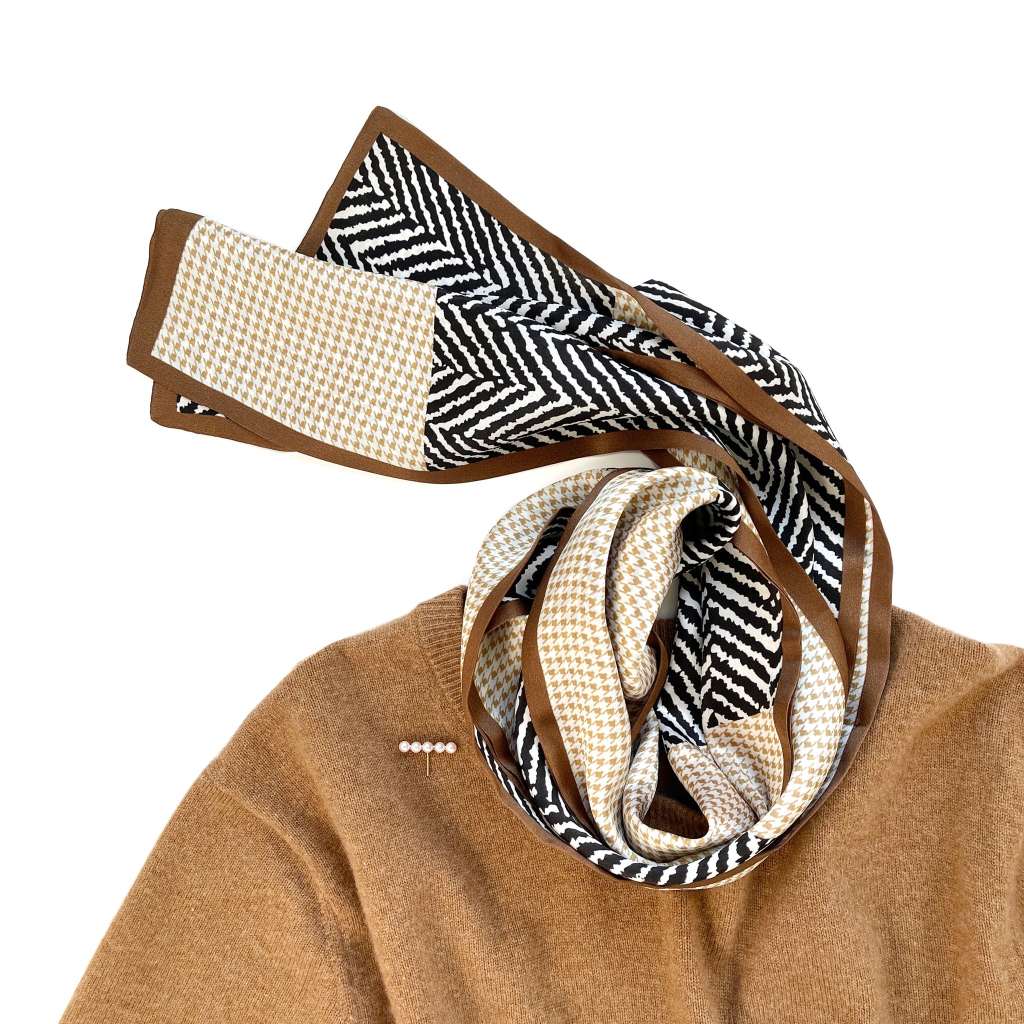 Classic Houndstooth Long Silk Scarf for Women | Silk Neck Scarf