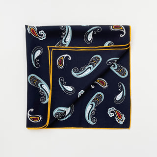 a black square silk scarf with boho paisley pattern and hand-rolled hems