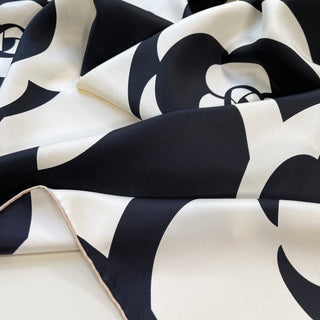 Classic Camellia Black & White Silk Scarf | Luxury 90x90cm Square Shawl | Women's Silk Twill Scarf