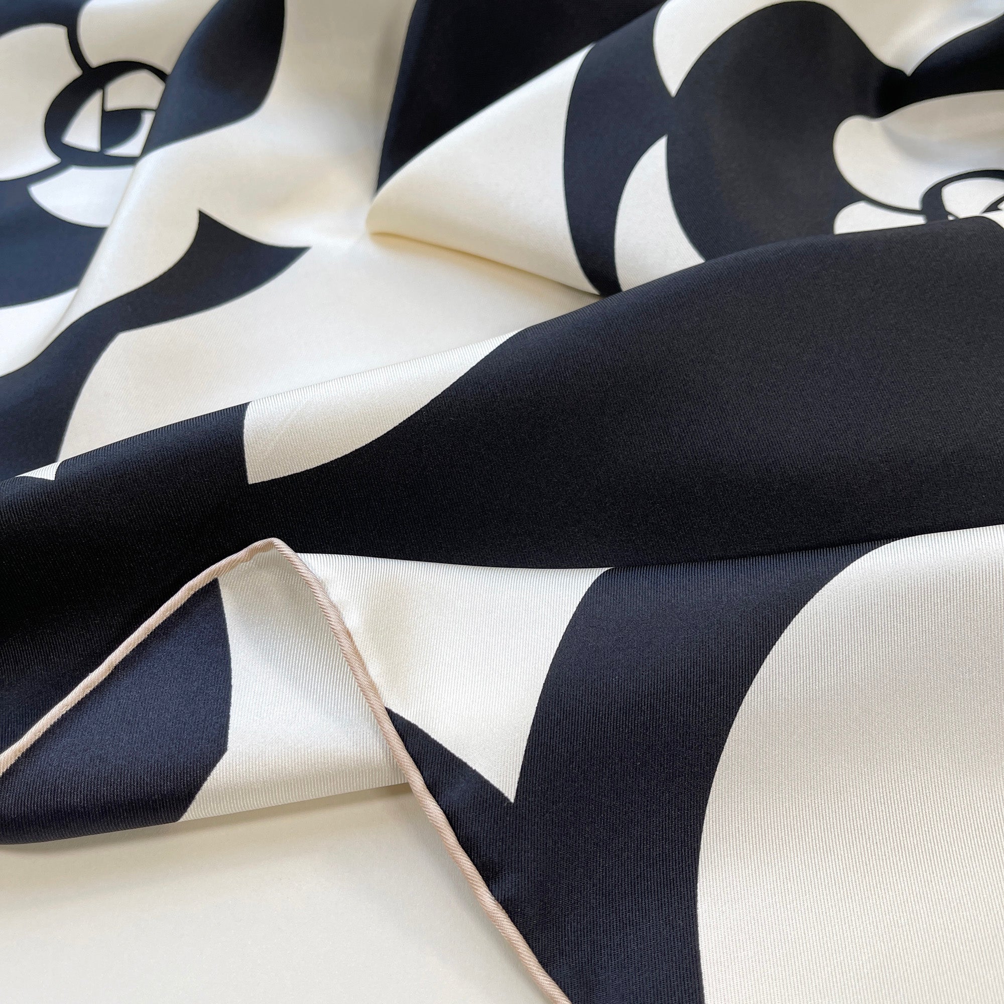 Classic Camellia Black and White Square Silk Scarf for Women | Large Silk Scarf | Silk Shawl | Luxury Silk Twill Scarf