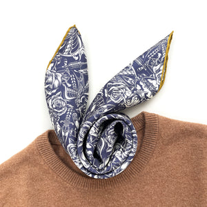 a vintage rose print blue silk scarf/neckerchief with mustard yellow hand rolled hems
