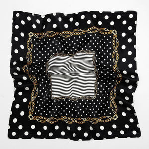 a small square silk scarf for women featuring polka dot and stripe print in black and white palette