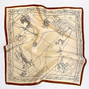 a timeless pale apricot silk bandana scarf featuring black print with brown edge