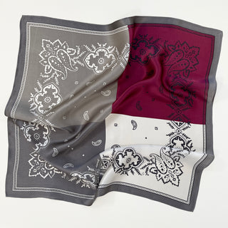 a bohemian paisley square silk scarf in plum red, grey and white palette 