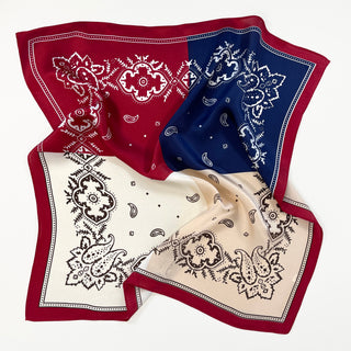 a bohemian paisley square silk scarf in blue, red and white palette