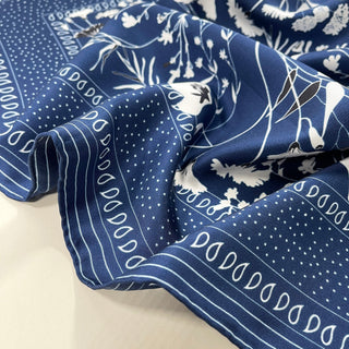 Blue Botanic Leafy Blue Silk Square Scarf | Hand-Rolled Silk Neckerchief & Bandana | Men's Silk Neck Scarf