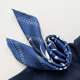 Blue Botanic Leafy Blue Silk Square Scarf | Hand-Rolled Silk Neckerchief & Bandana | Men's Silk Neck Scarf