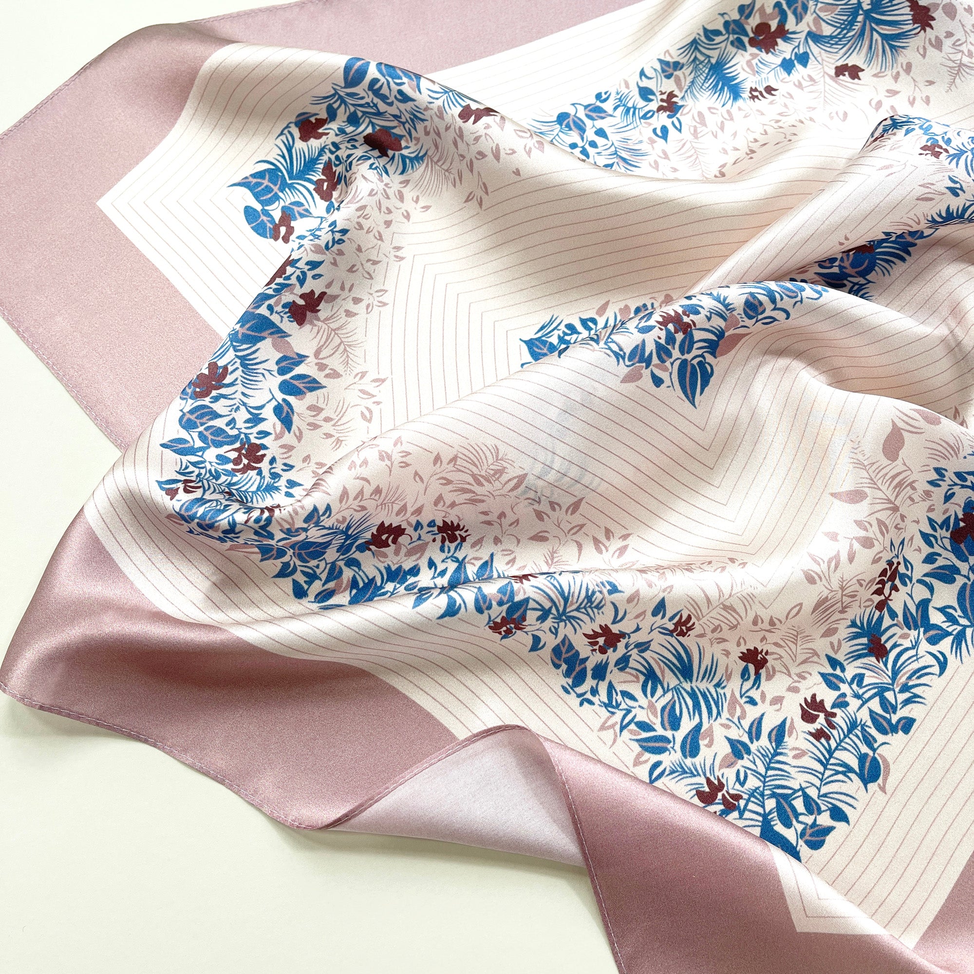 68cm Leafy Blush Pink Silk Scarf for Women | Silk Neckerchief | Large Silk Bandana | Silk Head Scarf