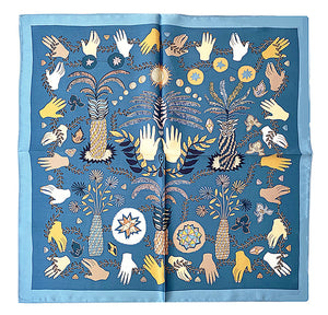 a dusty blue small silk scarf/bandana/neckerchief with tarot print