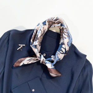 a brown and dusty blue palette horse print silk neckerchief/bandana scarf