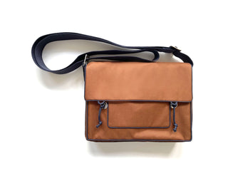 Recycled brown preppy style messenger bag with navy strap