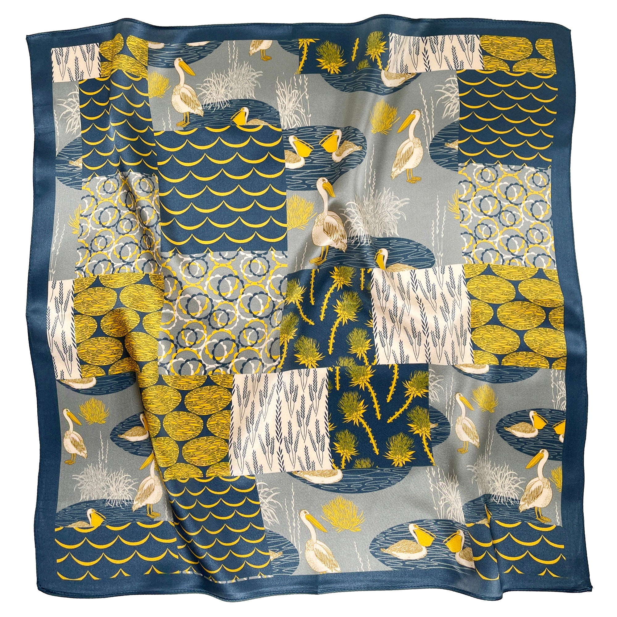 Orion Blue Happy Pelicans 100% Silk Scarf | Silk Bandana | Silk Hair Scarf | Silk Neckerchief