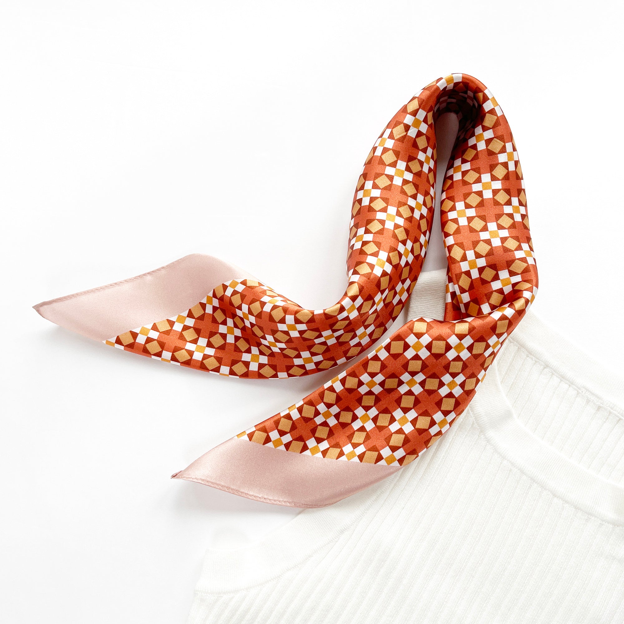 pink and orange geometric pixel pattern small silk scarf