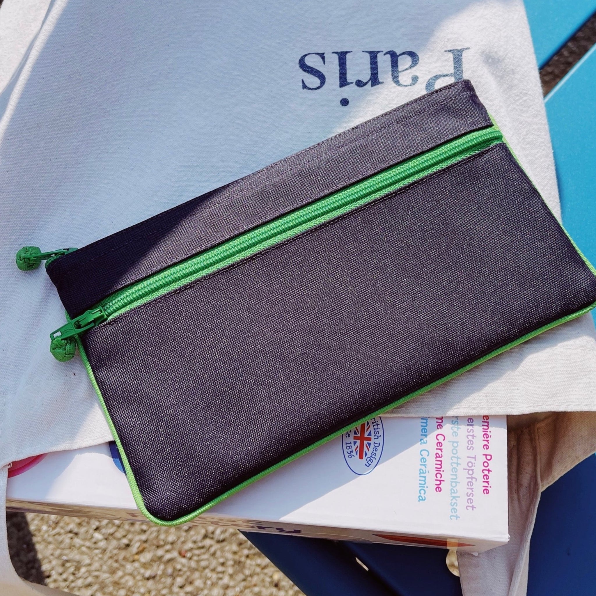 recycled double zipper wallet purse in navy blue