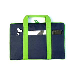 a laptop briefcase/handbag in navy blue with green straps, made of waterproof and recycled materials