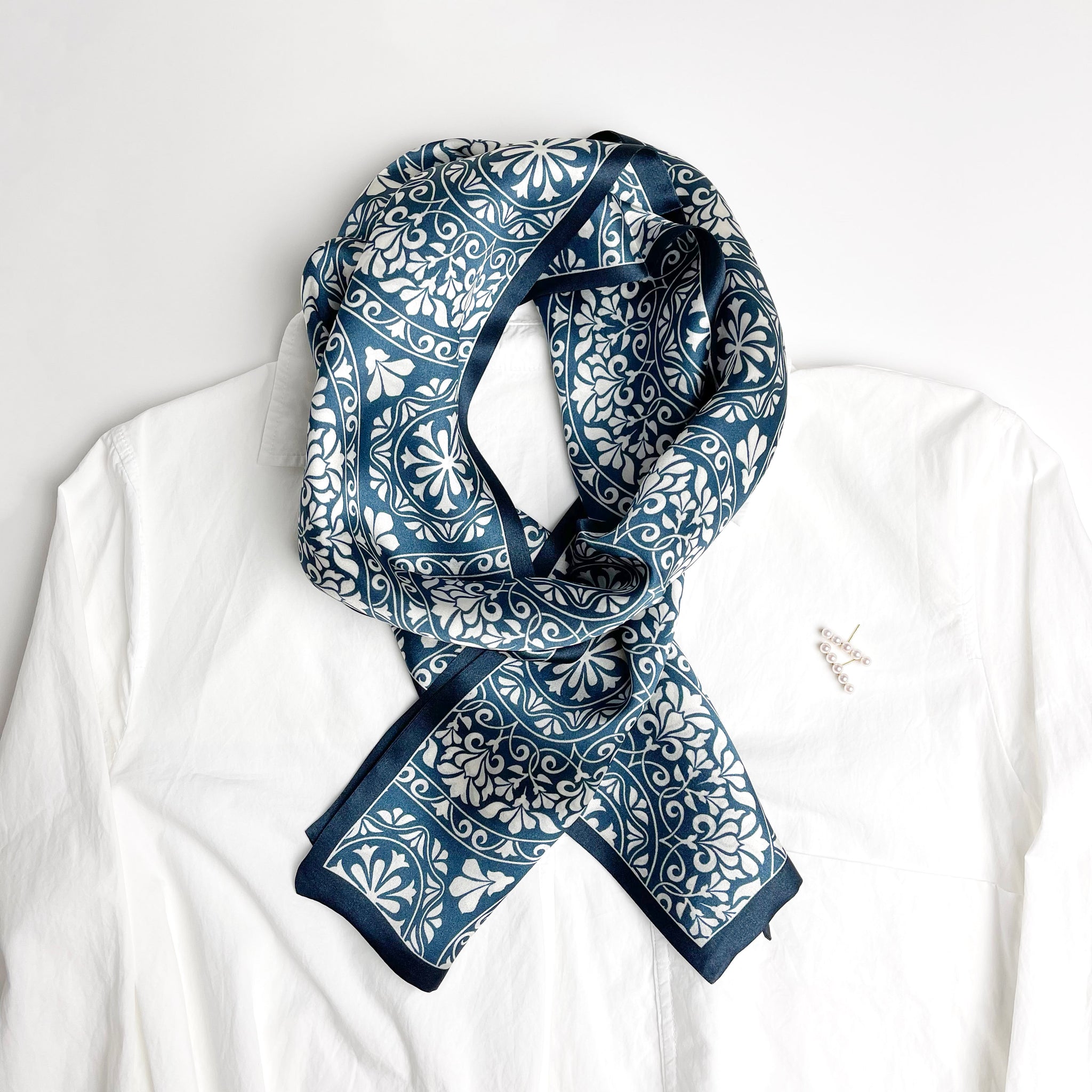 Classic Blue and White Long Silk Scarf｜Silk Neck Scarf | Silk Hair Scarf