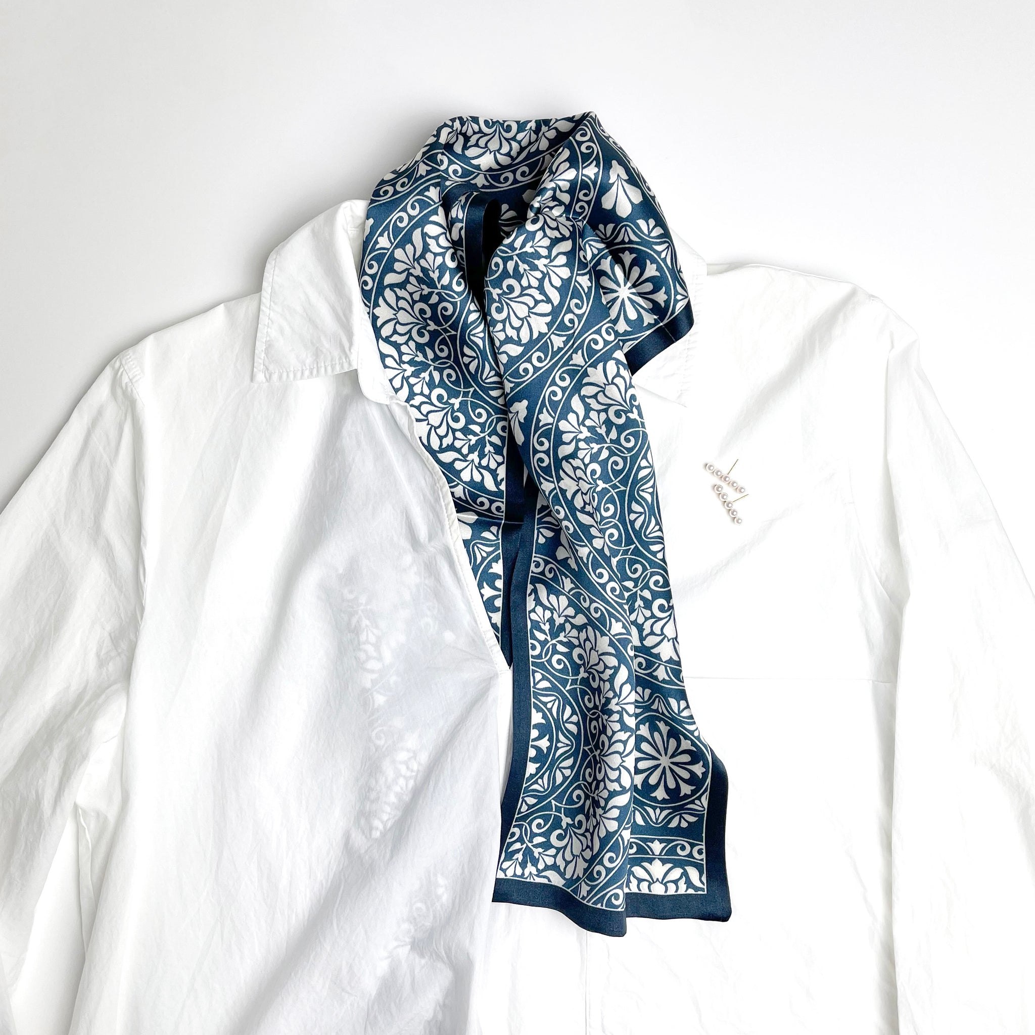 Classic Blue and White Long Silk Scarf｜Silk Neck Scarf | Silk Hair Scarf