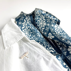 Classic Blue and White Long Silk Scarf｜Silk Neck Scarf | Silk Hair Scarf