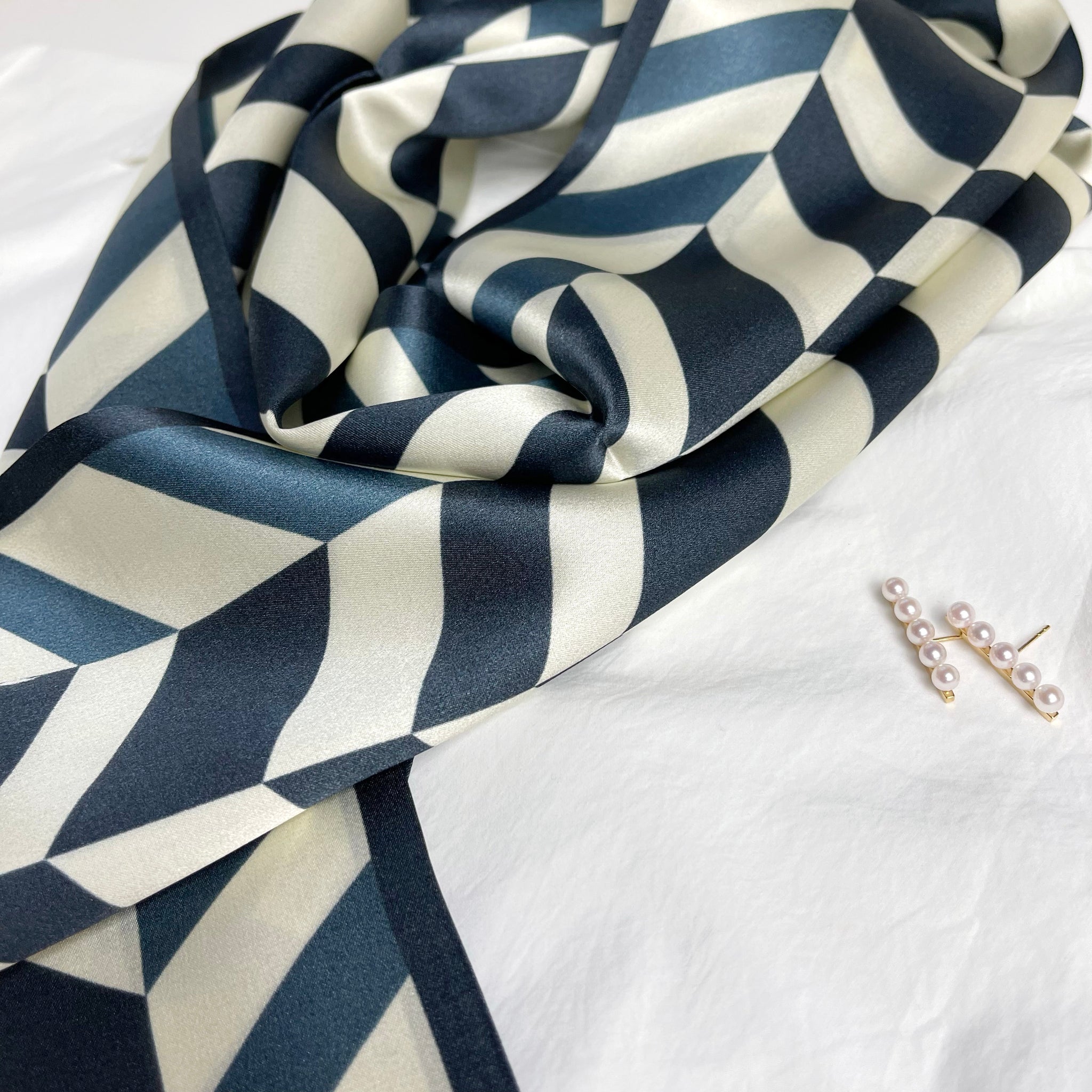 Blue and White Geometric Pattern Long Silk Scarf | Silk Neck Scarf | Silk Hair Scarf