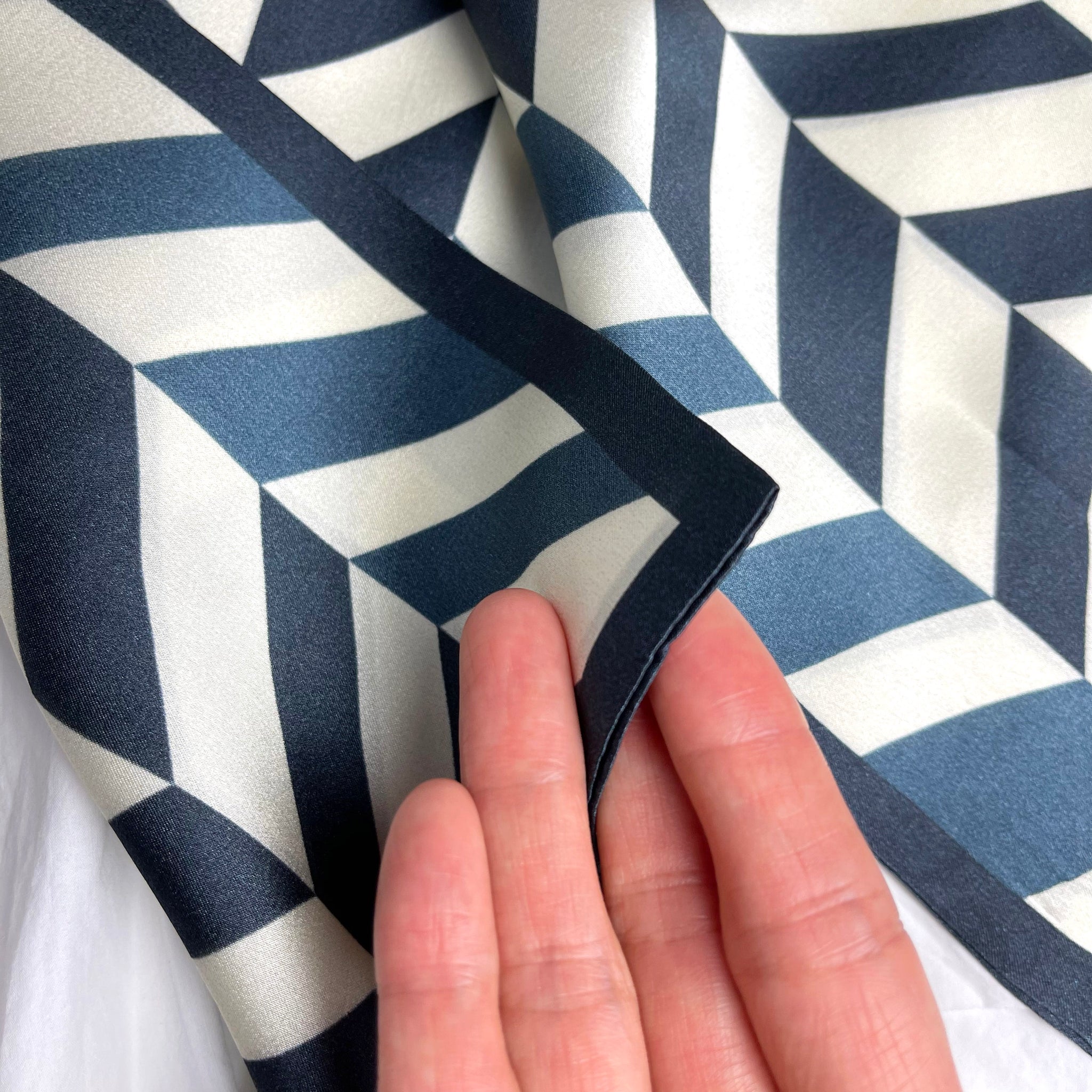 Blue and White Geometric Pattern Long Silk Scarf | Silk Neck Scarf | Silk Hair Scarf