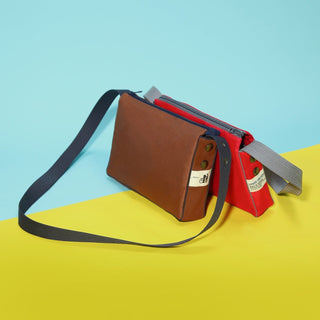 recycled crossbody bags in brown and red colour